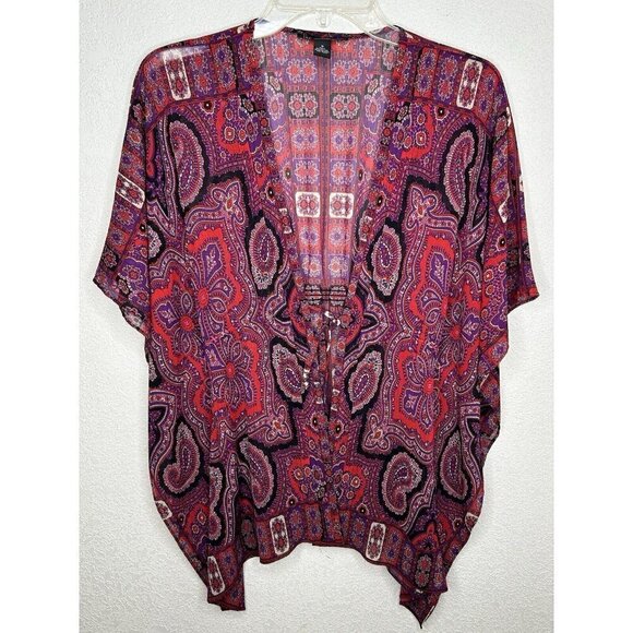INC Top Womens 8 Kimono Tie Waist Pink Red Paisley Semi Sheer Ruched Back Boho - Picture 1 of 8
